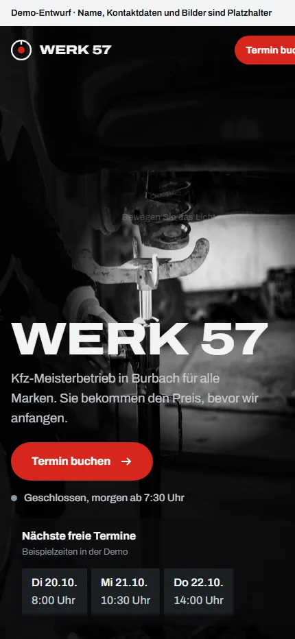 Demo-Website einer Kfz-Werkstatt auf dem Handy